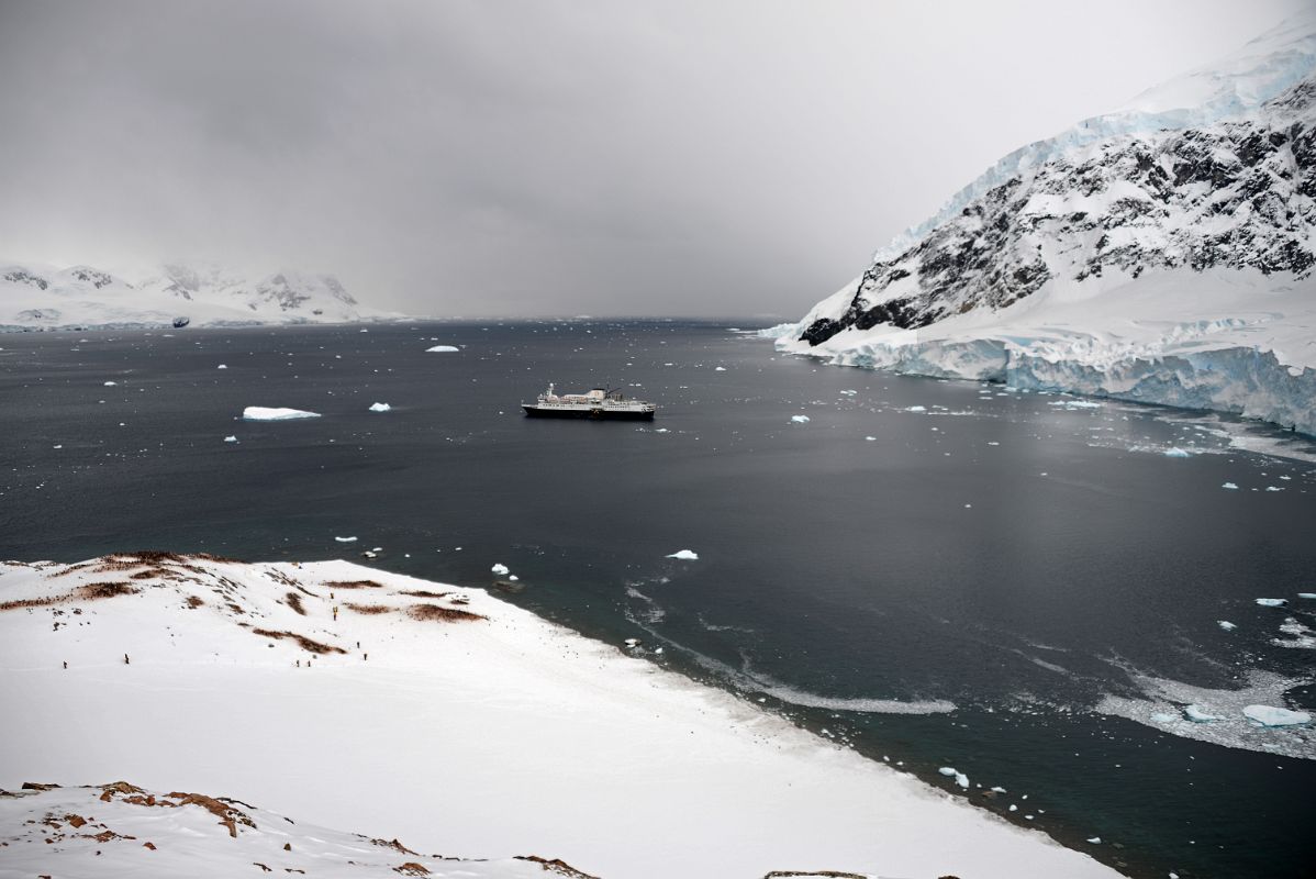 09C Looking Down On The Penguin Colonies And The Cruise Ship From Glacier Viewpoint At Neko Harbour On Quark Expeditions Antarctica Cruise